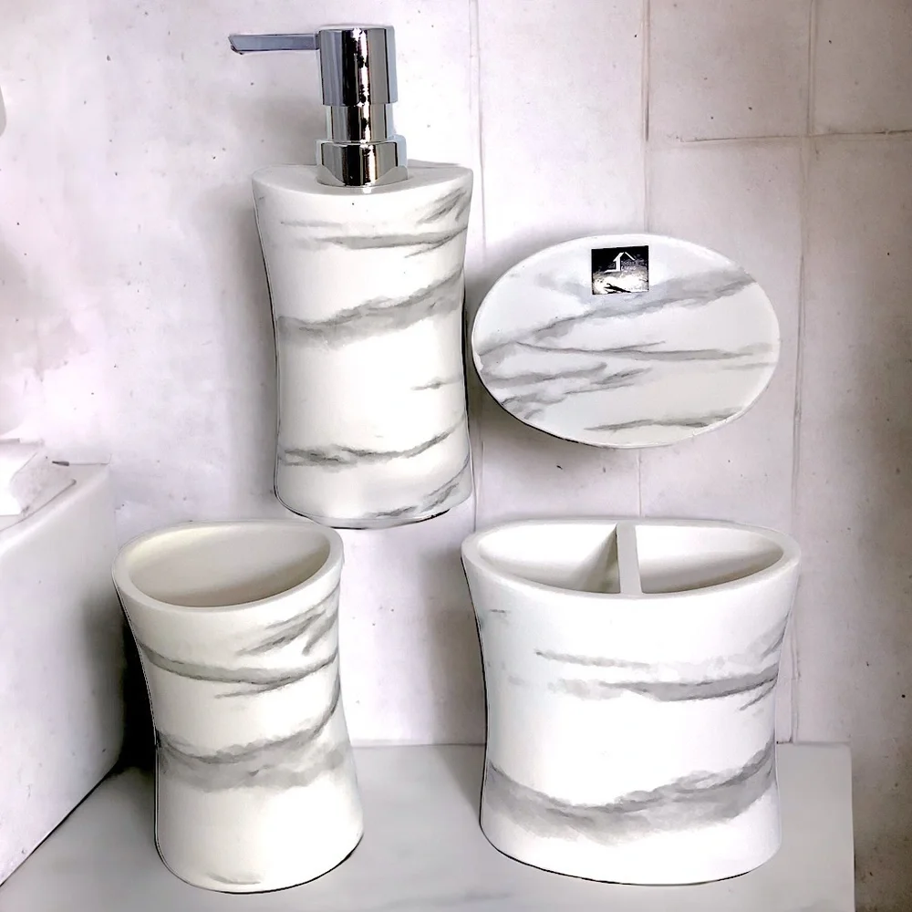 Todays Living Marble Elite Bath Accessory Set Lux White Grey Resin 4 Piece Set